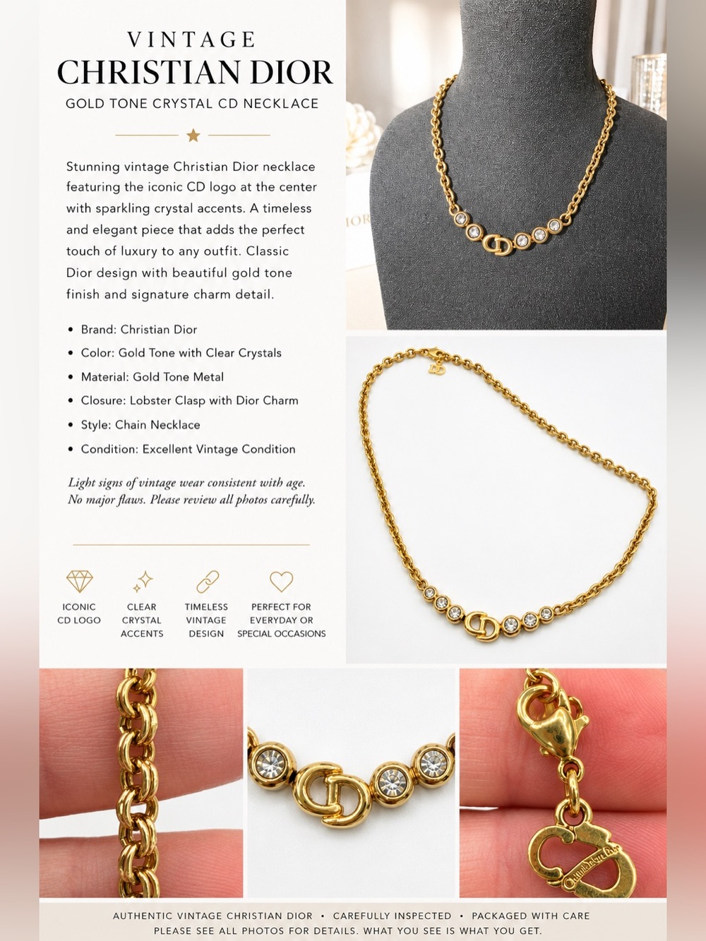 Christian Dior Authentic Vintage-Gold Tone Crystal CD Necklace ✨ EUC
